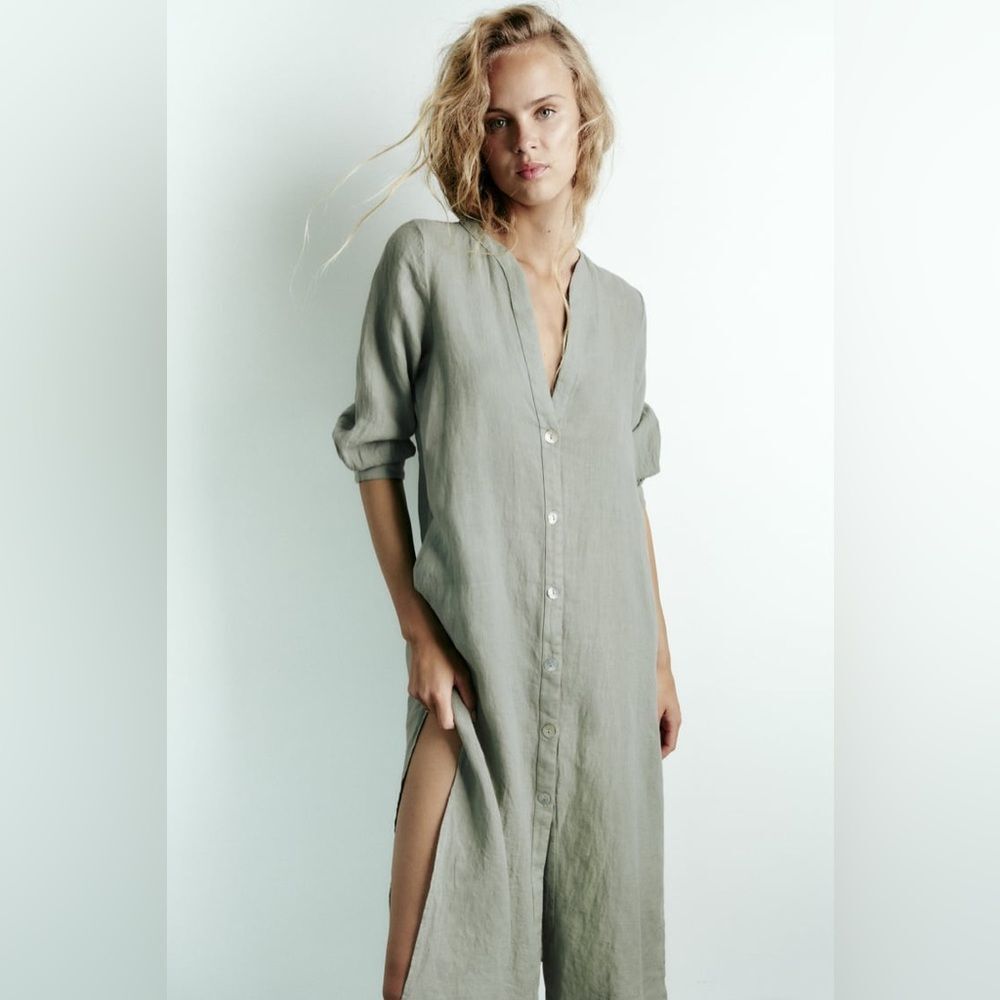 Zara 100% Linen Dress Pockets Khaki - Picture 10 of 11